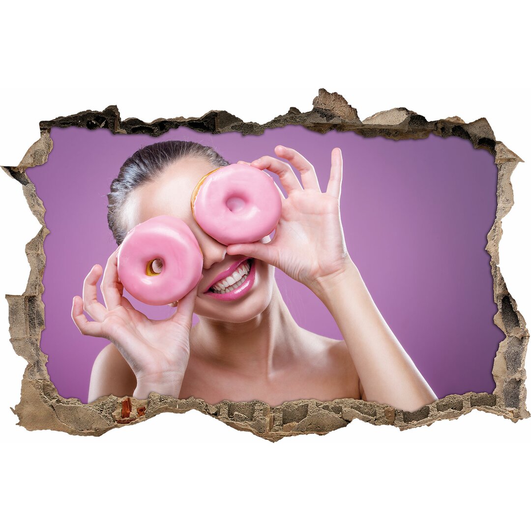 Wandtattoo Lustige Frau mit rosa Donuts