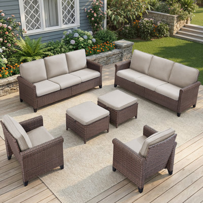 6-Piece Outdoor Patio Wicker Family Conversation Set with Armchairs and Ottomans