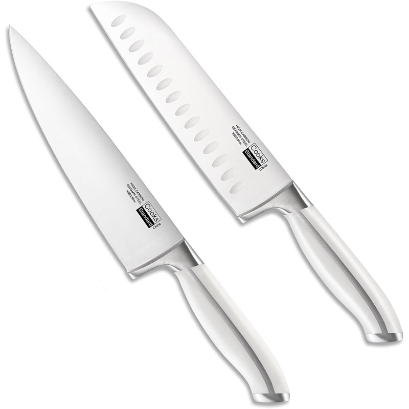 Ensemble de couteaux de cuisine standard en bambou avec couteaux de cuisine en bambou avec bloc de rangement extensible en bambou pour fentes supplémentaires, 6 pièces, blanc Cooks