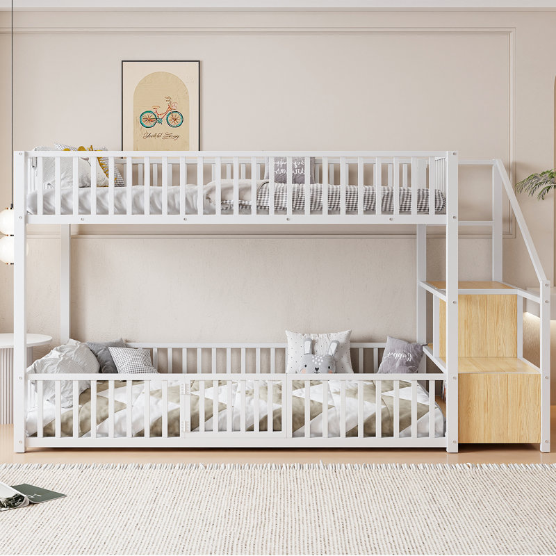 Metal Bunk Bed With Storage Staircase, White