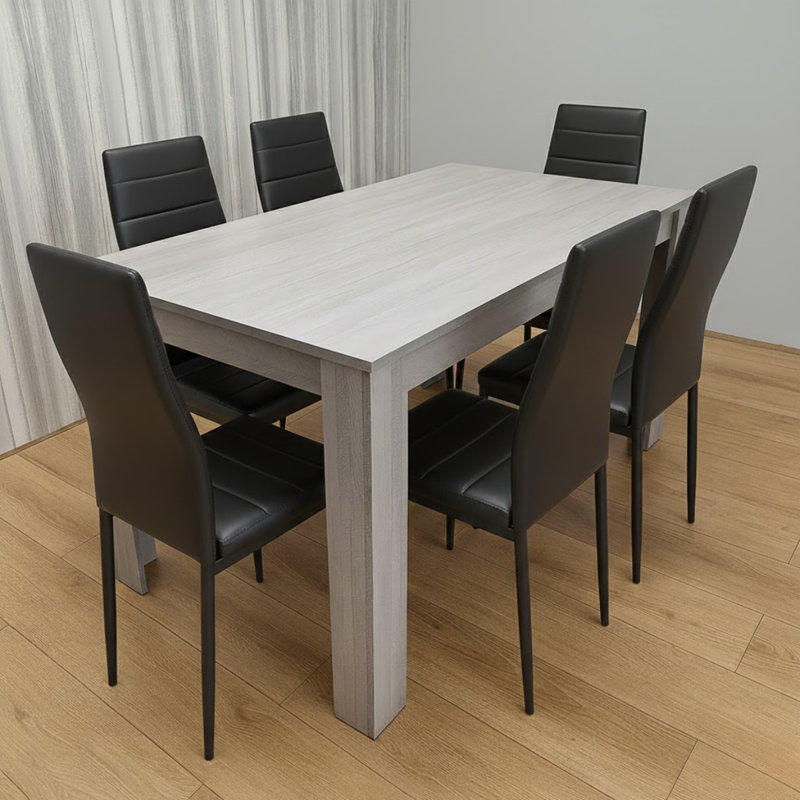 6 - Person Dining Set, Black, 75cm H x 77cm W x 117cm D, Grey