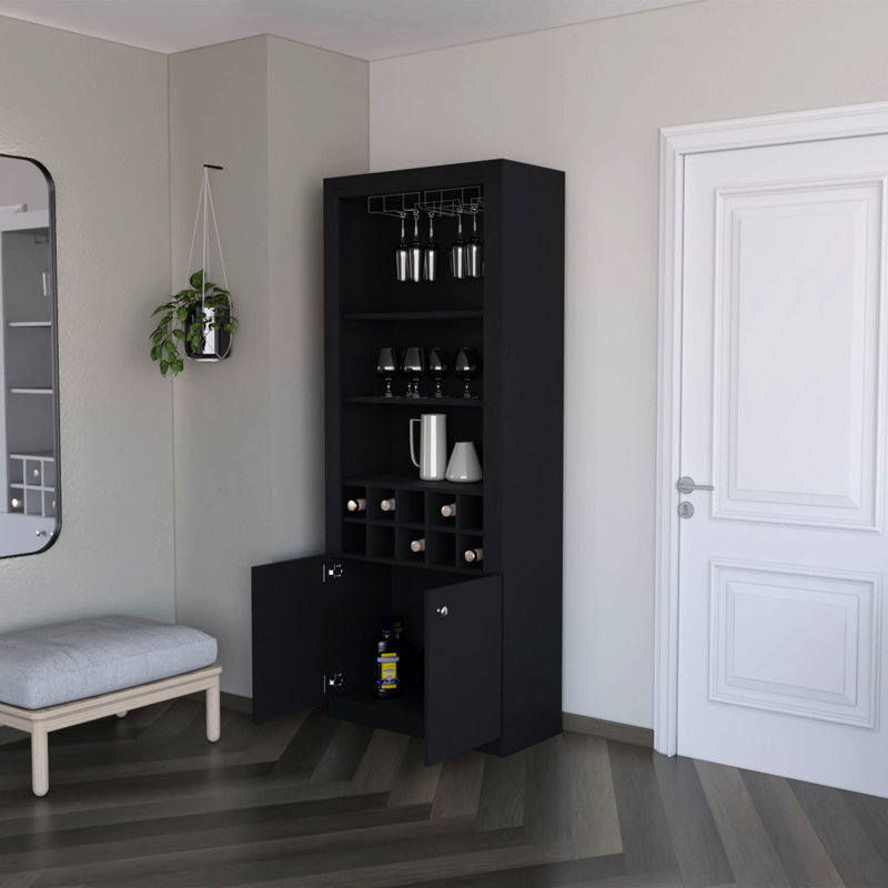 Armoire de bar noire avec rangement polyvalent: 3 tablettes pour les articles de bar, le vin et les petits espaces, rehausse la beauté