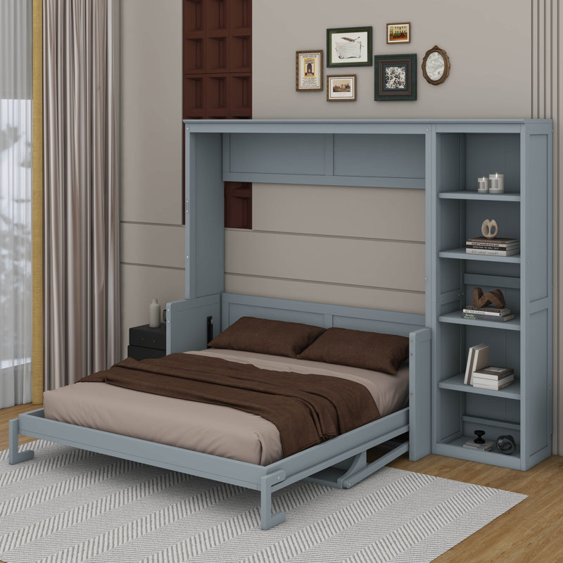 Grand lit escamotable avec bureau et bibliothèque, Gris, Grand lit