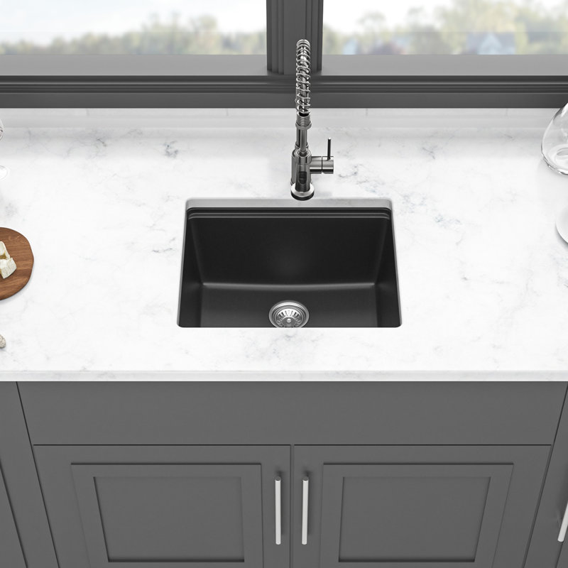 Évier de cuisine noir encastré de 21 po x 18 po, composite de quartz de qualité supérieure, épais et silencieux avec élimination des vibrations, surface dure non égratignée, coins arrondis pour un nettoyage facile,