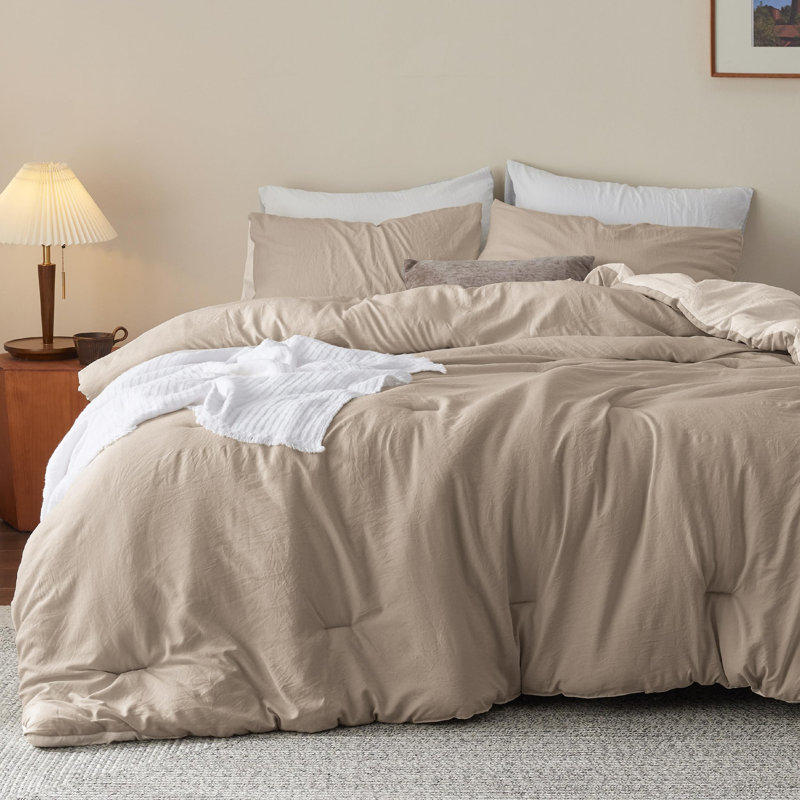 Ensemble d'édredon réversible, Édredon simple + 1 taie d'oreiller standard, Kaki / beige