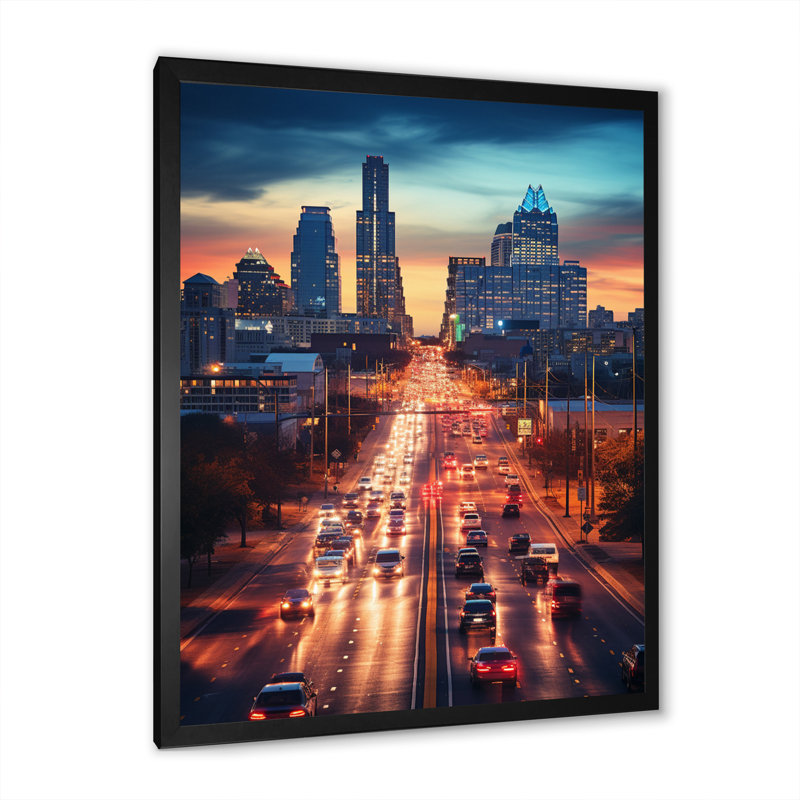 Austin Beautiful Cityscape Spot II - Cityscapes Wall Art Living Room, H 32 po x l 24 po x P 1 po, Cadre photo noir