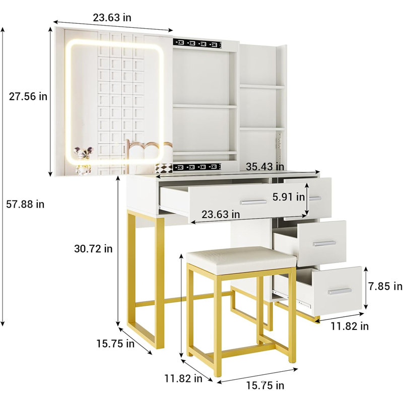 Makeup Vanity With Mirror And Lights, Vanity Desk With Sliding LED Lighted Mirror, Power Outlet, White