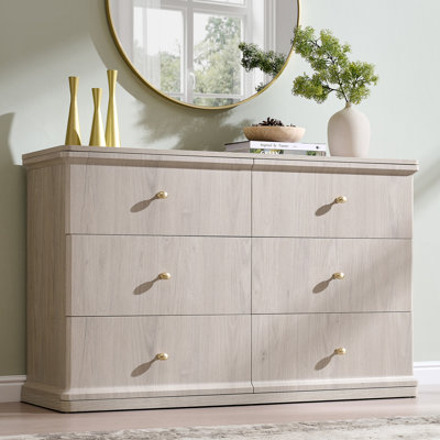 Abarca Modern 6 Drawers Dresser for Bedroom, 47" Wide Wood Dressers & Chests of Drawers w/Curved Waterfall Design,Cream