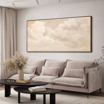 Extra Large Wall Art Fabric Print - Warm Neutral Cloudscape with Soft Billowing Clouds Artwork Decor for Living Room or Bedroom - "Frame Assembly Required (Unfinished Frame)"