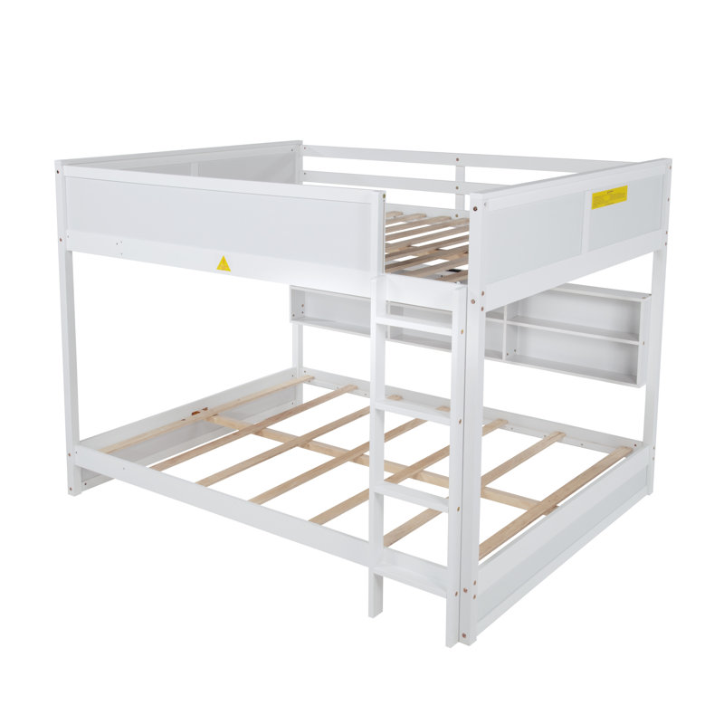 Lit superposé grand sur grand avec tablettes de rangement intégrées et station de charge, lit superposé simple en bois de pin massif avec garde-corps et échelle, blanc