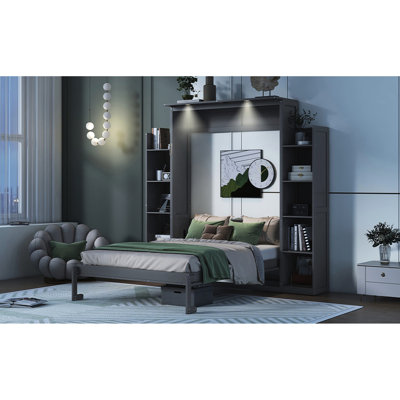 Full Size Wall Bed With Led Lights And Shelves In Gray, Space For Apartment, Flexible Mattress Support Gray Lights, Suitable Home Office, Slats