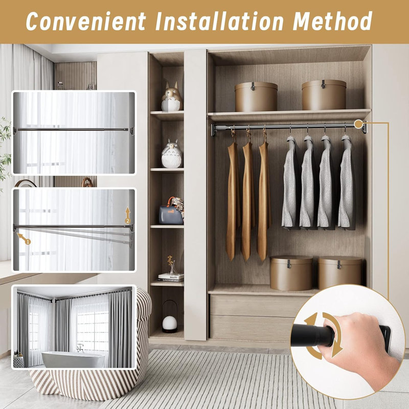 110cm Straight Tension Shower Curtain Pole & Hook Set, Matte Black