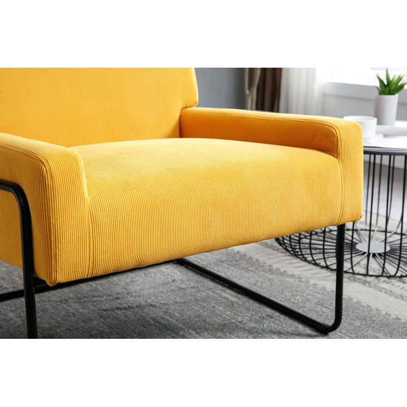 Fauteuil moderne incliné avec structure en métal, Velours jaune moutarde