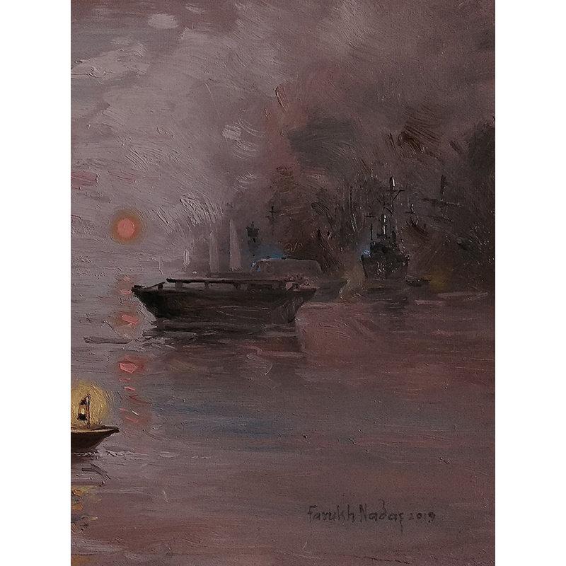 Magnifique vue du lever du soleil avec des bateaux flottants | Huile sur papier | Par Farukh S Nadaf