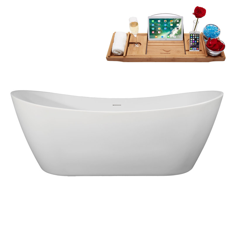 75" Streamline Soaking Matte White Freestanding Tub and Tray With Drain, Polished Gold