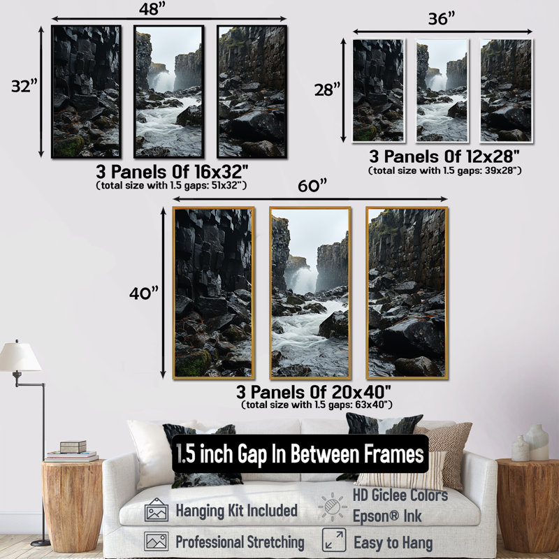«Waterfall River Scenery - Waterfall», ensemble de reproductions d'art mural, Cadre flottant doré, H 28 po x l 36 po x P 1 po
