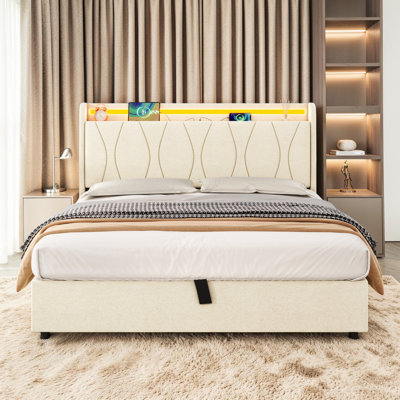 Linen Upholstered Bed Frame with Hydraulic Storage, LED Headboard with Charging Station and Concealed Headboard Storage, USB and Type - C Ports (No Mattress)