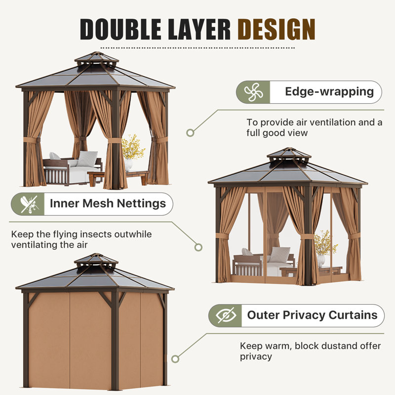 8 Ft. W x 8 Ft. D Metal Frame Patio Gazebo with Polyethylene Double Roof, 8 Ft. W x 8 Ft. D, Brown