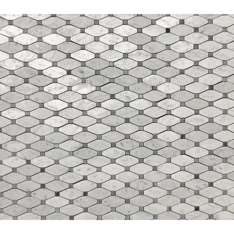 Carreau de mosaïque en marbre 11 po x 13,25 po, Bianco Carrara / pierre bleue