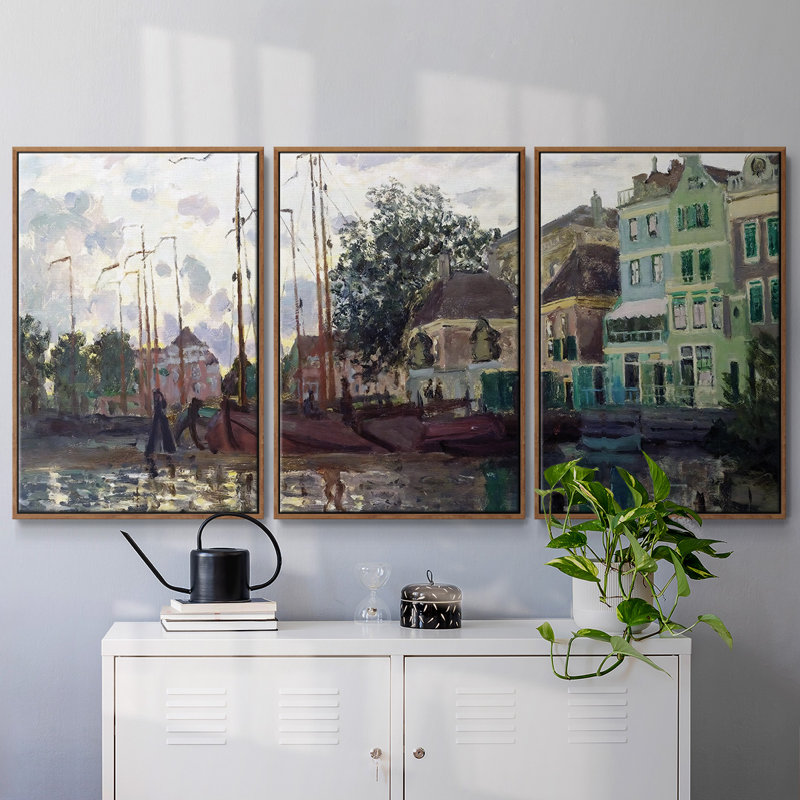 Zaandam, The Dike, Evening, 1871, peinture sur toile 3 pièces, H 40 po x l 78 po, Cadre noyer