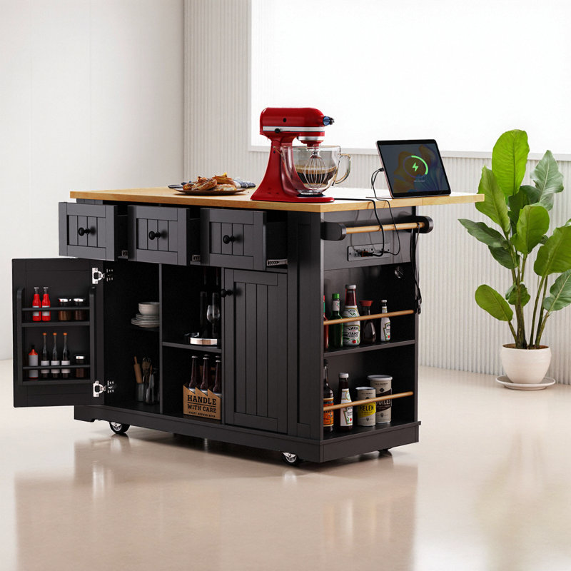 53" Large Kitchen Island with 2 Bar Stools - Power Outlet, Door Internal Storage Rack, Rolling Cart with Drop Leaf, 5 Open Side Racks, 3 Drawers