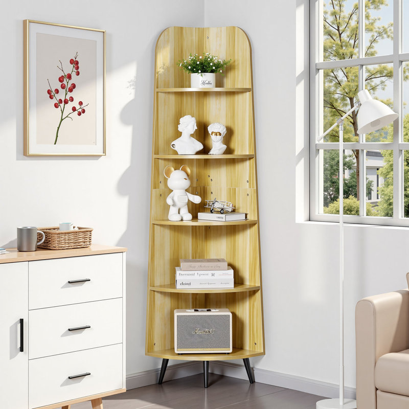 5 Tier Tall Corner Shelf Stand Bookshelf,  Corner Storage Organizer, Wooden Display Rack Etagere, Narrow Bookcase Plant Stand for Small Space