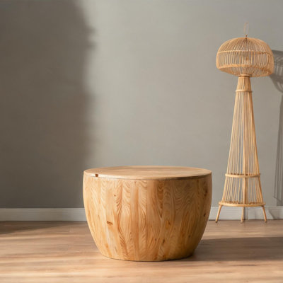 Table basse ronde en bois avec rangement, de style tambour rétro aux tons naturels, 31,5 pouces, pour le salon