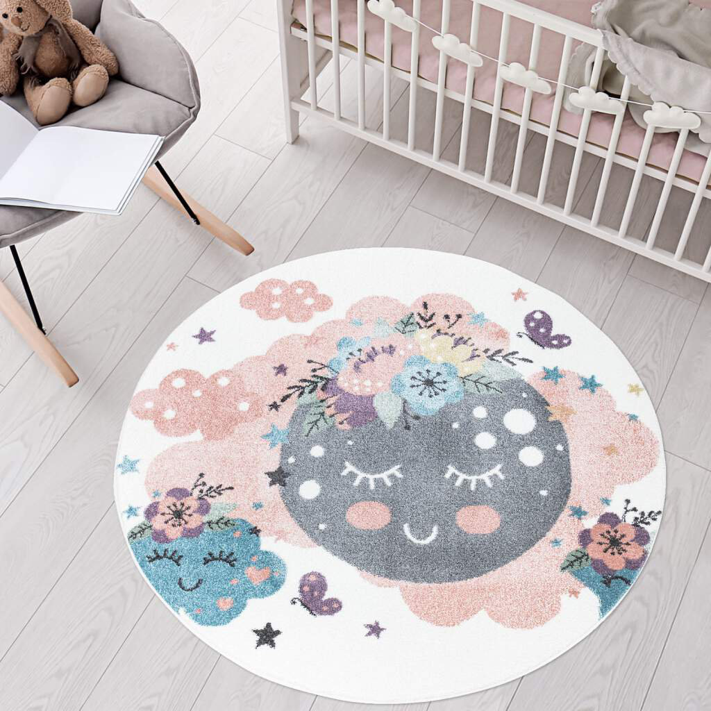 Kinderteppich Anime 917 Creme Mond Wolken Blumen Kinderzimmer Teppich Kurzflor Gotar