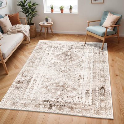Brown Traditional Rug, Bordered Easy to Clean Rug For Living Room, Dining Room, Bedroom
