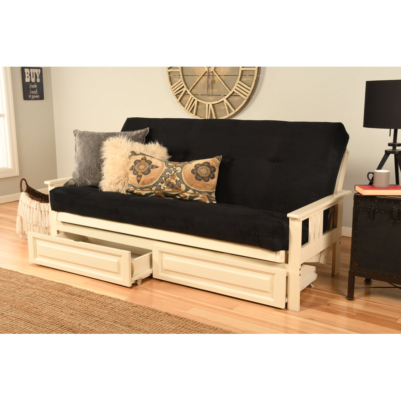 Stratford Full-Size Futon Frame Includes Storage Drawers and Mattress, Antique White, Suede Black Microsuede