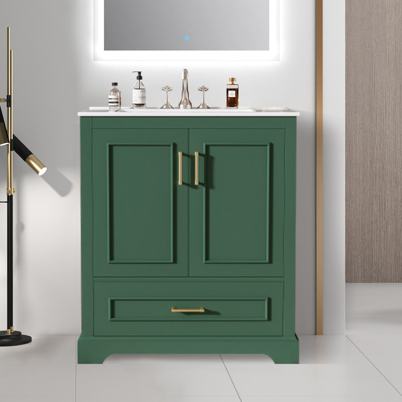 Meuble-lavabo autoportant 30 po avec lavabo, panneau de fibres à densité moyenne et structure en bois massif, Vert