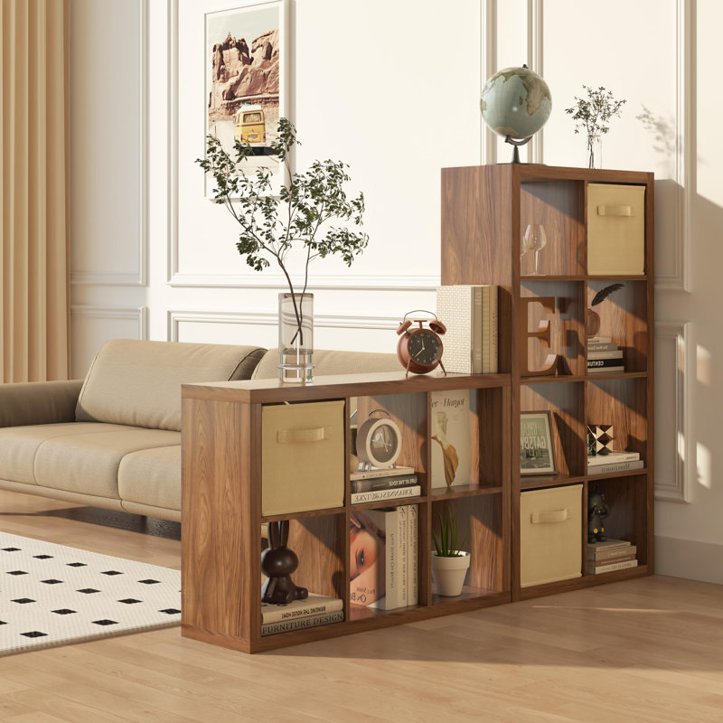 Classic Oak 9-Cube Wooden Storage Organizer with Bins