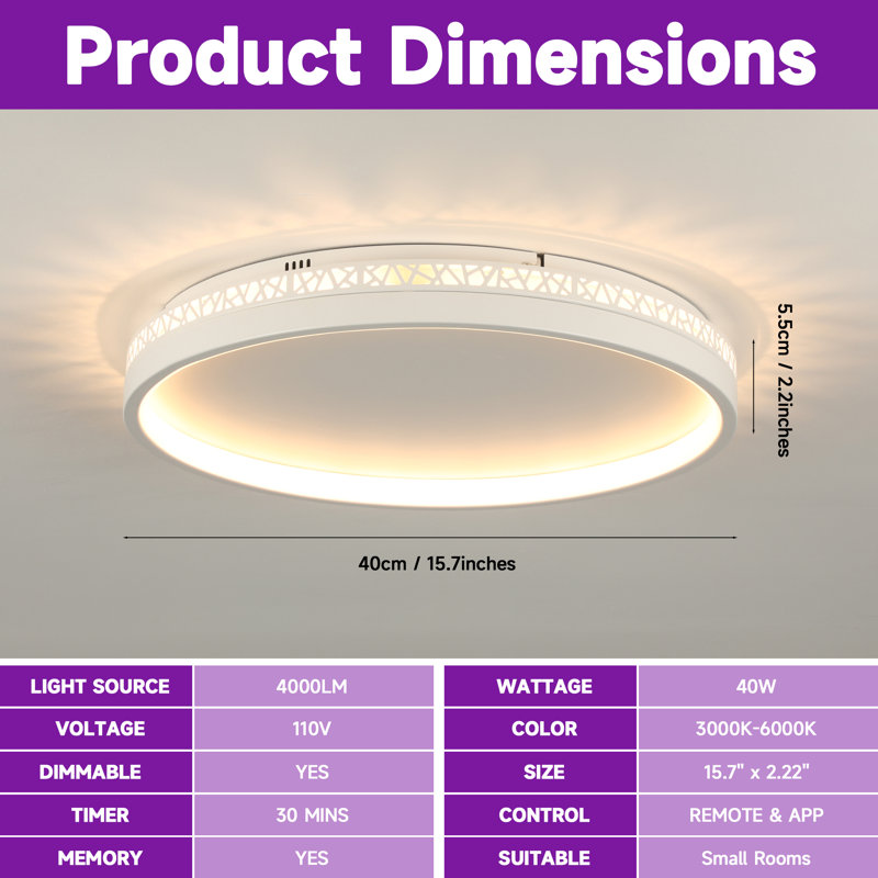 Deontee Modern Dimmable LED Flush Mount Ceiling Light with Remote Control, 2.22" H x 15.7" W x 15.7" D, White