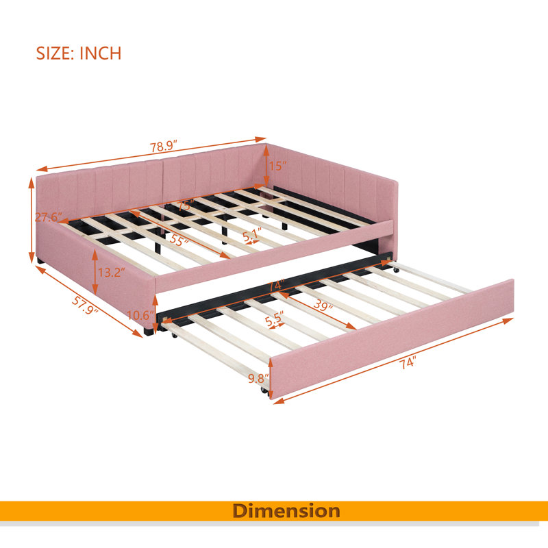 Upholstered Daybed With Trundle Sofa Bed Frame No Box Spring Needed,, Pink