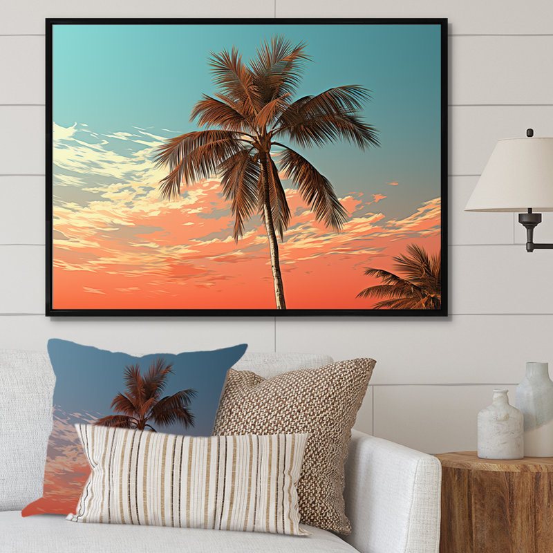 Palmier au coucher du soleil sur toile, Cadre flottant noir, H 24 po x l 32 po x P 1 po