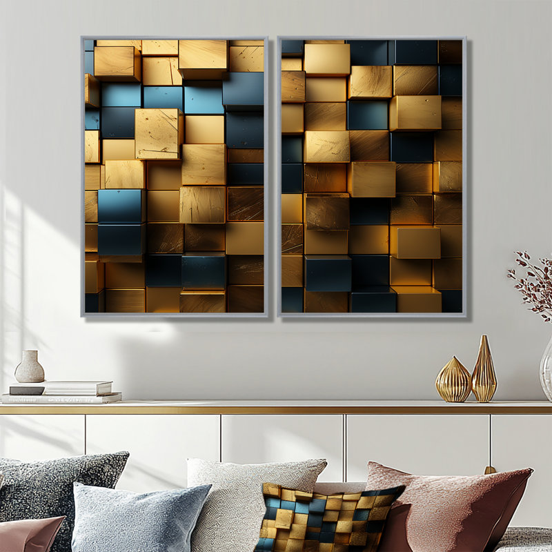Cubes dorés abstraits géométriques II - impressions sur toile géométriques abstraites, Argent argent, H 36 po x l 48 po