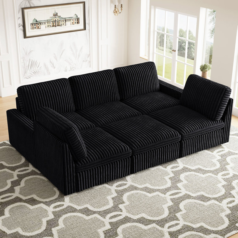 Modular U-Shaped Sectional Sofa, Solid Wood Frame, For Large Living Room & Open Concept Space, Black Corduroy