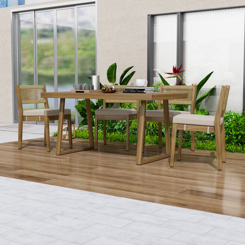 Ensemble repas 5 pièces avec table en bois d'acacia et chaises rembourrées pour la cour ou le jardin, Beige