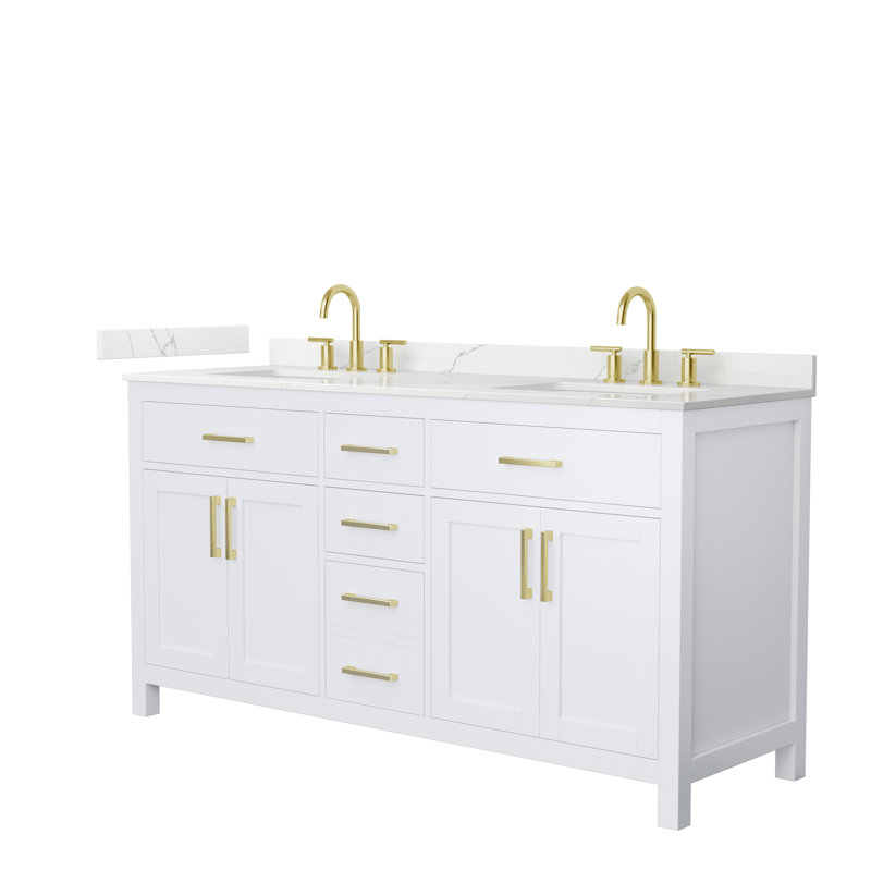 Meuble-lavabo double autoportant de 66 po avec plateau en quartz Beckett, Blanc, Or brossé, Quartz Giotto