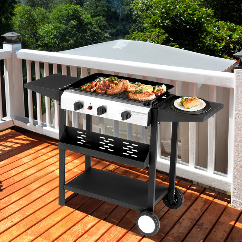 Plaque chauffante au propane à 3 brûleurs de 23,3 po Barbecue au gaz extérieur à dessus plat avec tablettes latérales pour barbecue de camping