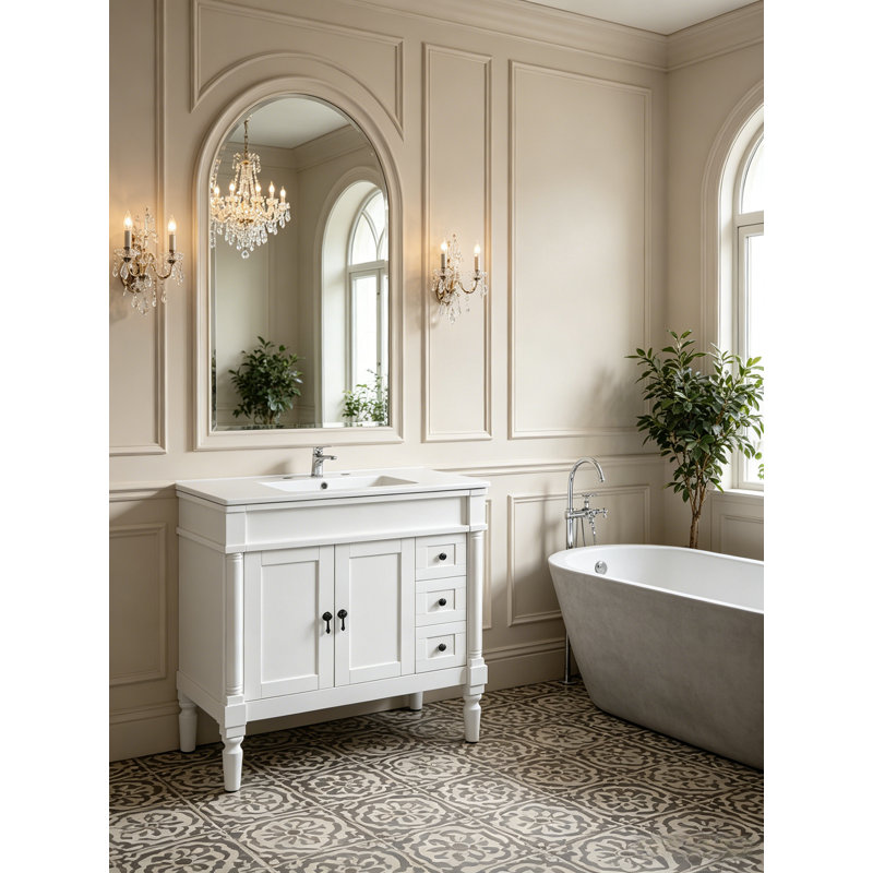 Meuble-lavabo autoportant, structure en bois massif et lavabo en céramique, Blanc, 36"