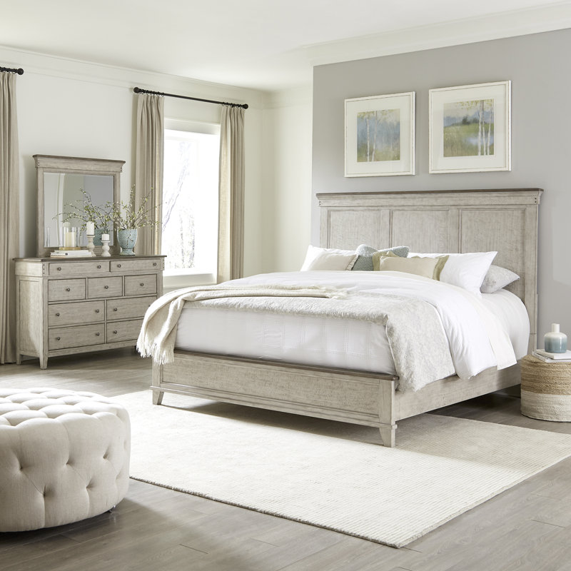 Ensemble de chambre à coucher avec lit à panneaux, commode et miroir Cathleen, Grand