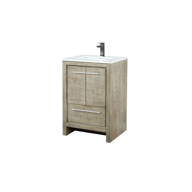 Meuble-lavabo rustique en acacia 24 po X P 20 po D, dessus en quartz blanc et robinet en métal