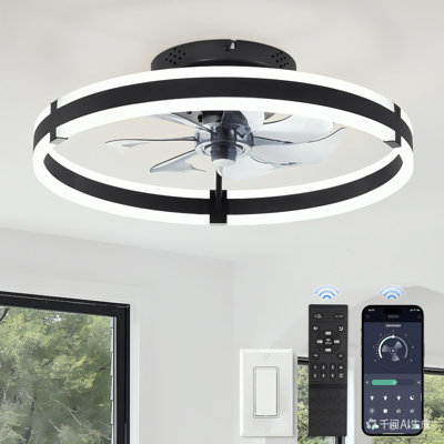 Ventilateur de plafond à profil bas de 20 po avec lumières et télécommande, Fandelier à DEL encastré à intensité variable, moteur à courant continu réversible à 6 vitesses pour la chambre à coucher et la cuisine, noir