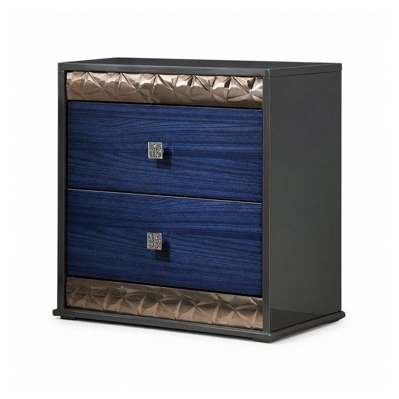 Ensemble de chambre à coucher pour très grand lit 2 pièces, gris cendré, bleu indigo, bois chromé, table de chevet