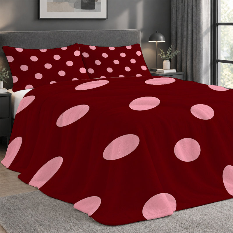 Premium Flannel Lightweight Blanket & 2 Pillow Shams Set with Pink Polka Dots on Deep Red, Ultra-Soft & Warm Cozy Bedding Set for All-Season, 60" x 80" Blanket + 2 Pillowcases Anti-Pilling & Machine Washable(Set of 3)