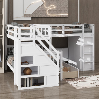 L-Shaped Bunk Bed With Twin-Twin On Top Of Full, Comes With 3 Drawers, A Mobile Desk, And A Closet