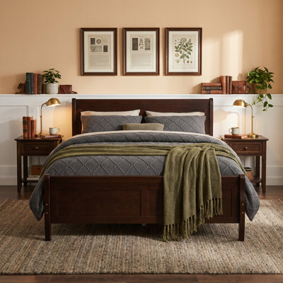Full Size Wooden Bed with Matching Headboard and Stable Wood Slat Support (Espresso Tone)