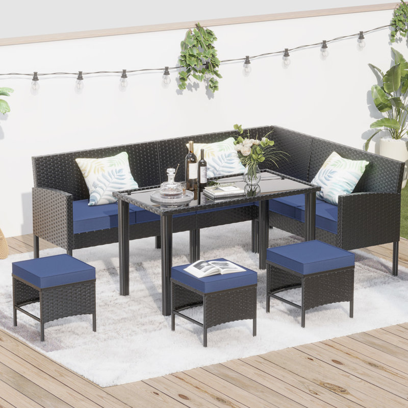 Outdoor Patio Furniture , 7 - Piece, Dark Blue, Comfortable High Elastic Cushions, Powder Coated Steel Seating Group, Blue Glass Tabletop, Skin Structure