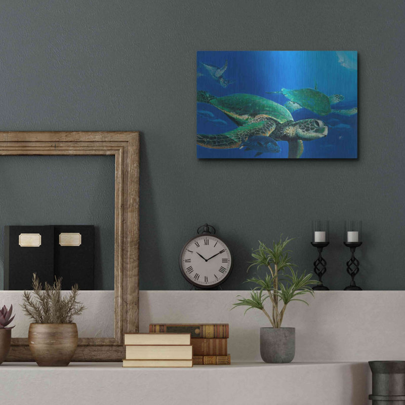 Art mural en métal Beachcrest Home ™ «Green Sea Turtles» par Durwood Coffey, H 12 po x l 16 po